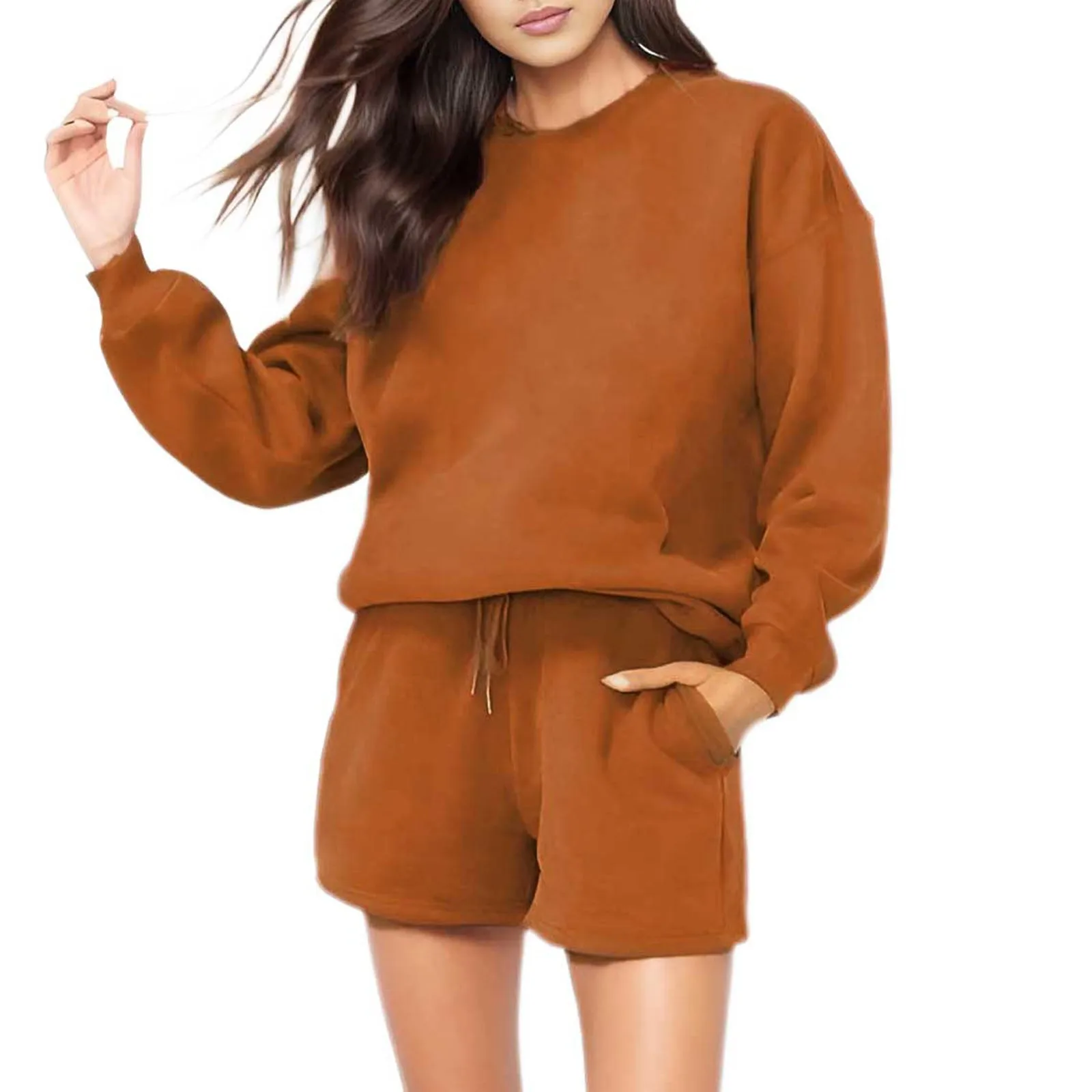 

2023 толстый осенне-зимний комплект из 2 предметов, одежда с длинными рукавами для женщин, повседневный модный новый пуловер и шорты с высокой талией, костюм, теплый комплект