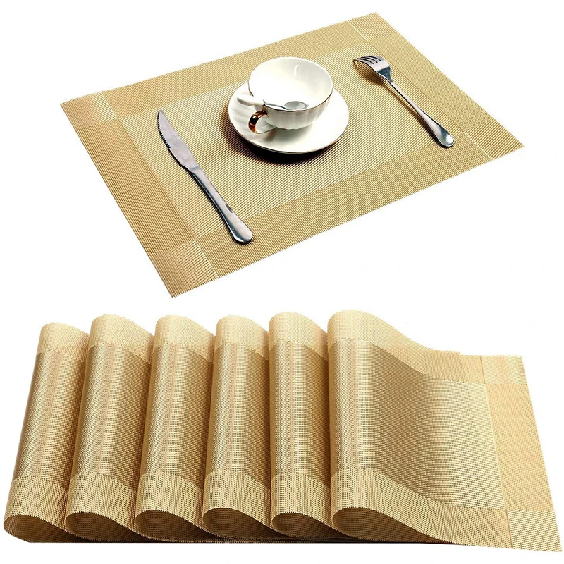 

6/4pcs Rectangle Placemat Restaurant Washable PVC Durable Dining Table Weave Mats Frame Teslin Disc Bowl Coaster Non-slip Pad