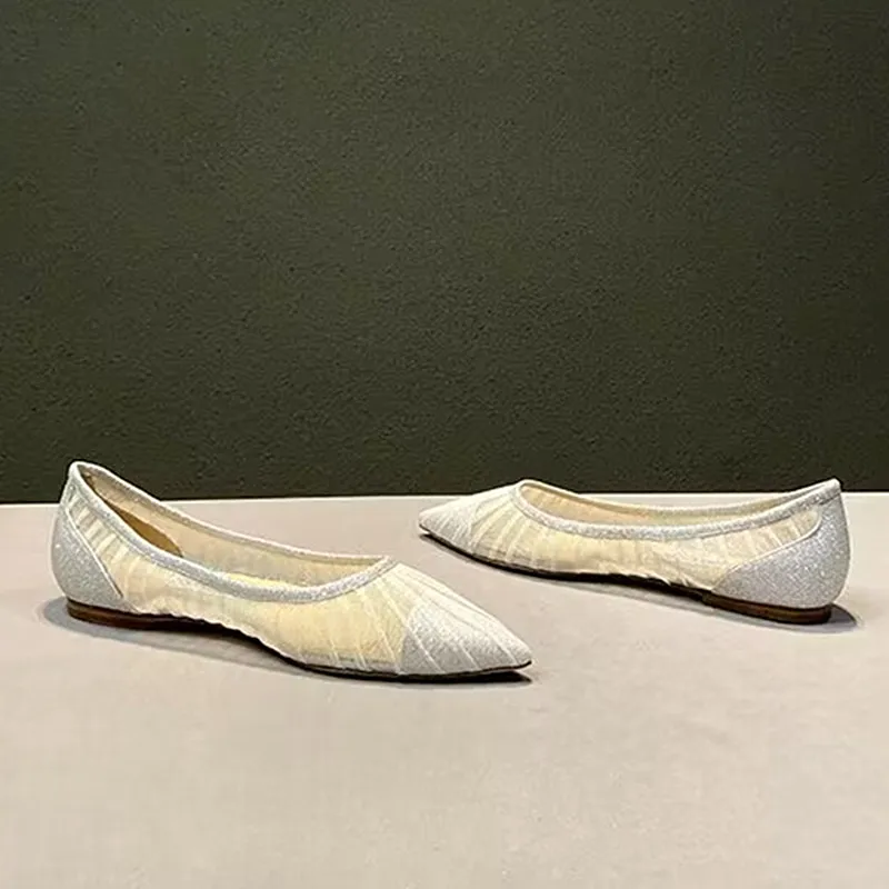 Women's Single Shoes 2023 Summer New Mesh Pointed High Heel Pleated Sexy Banquet Lace Thin Heels Fashion Flat Heels