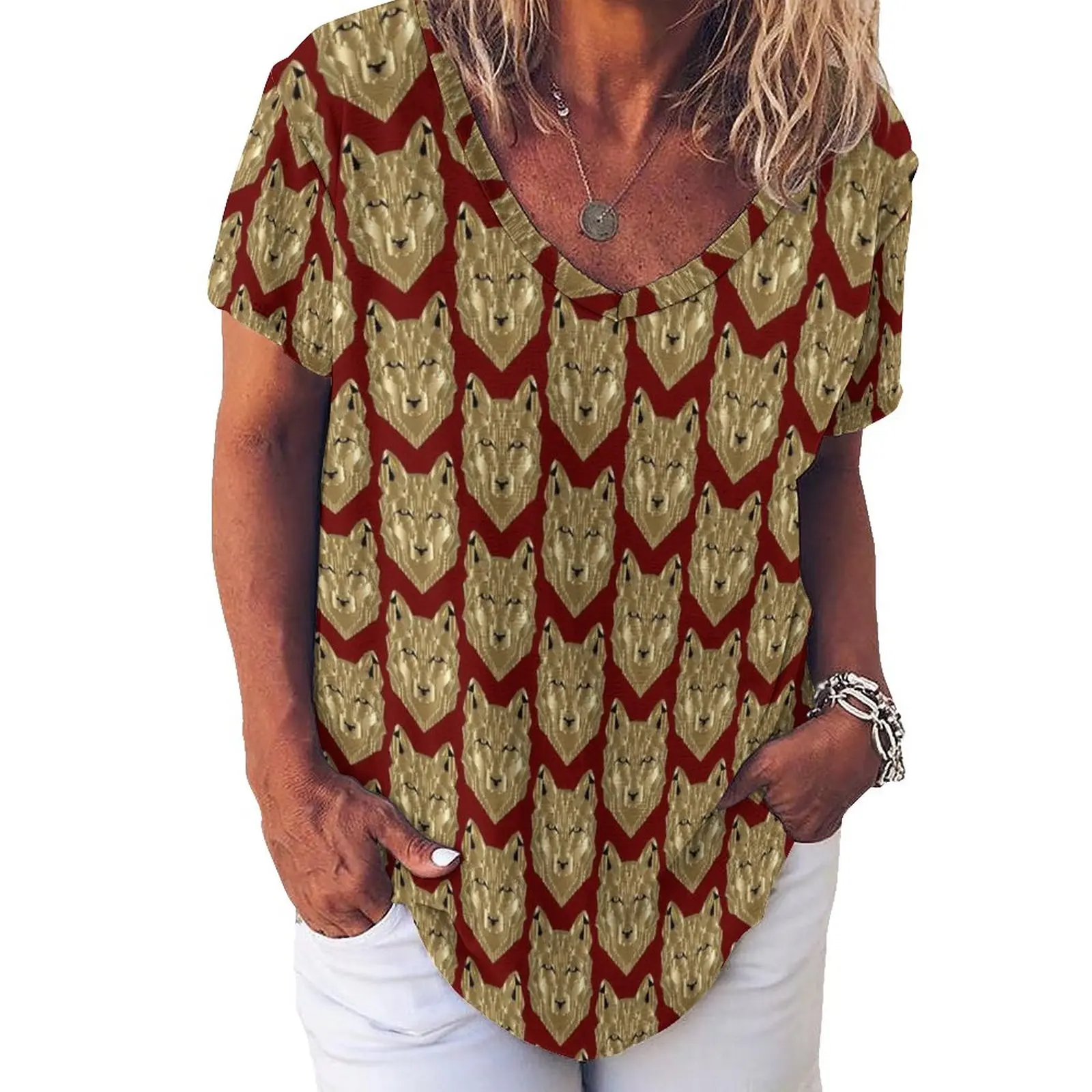 

Gold Wolf T-Shirts Abstract Animal V Neck Streetwear Oversize T-Shirt Short Sleeve Womens Cute Tee Shirt Sexy Design Tops