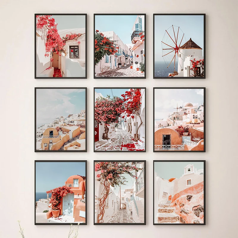 Greek Art Mykonos Poster Europe Red Flowers and White Wall Picture Print Canvas Painting for Modern Living Room Home Decor