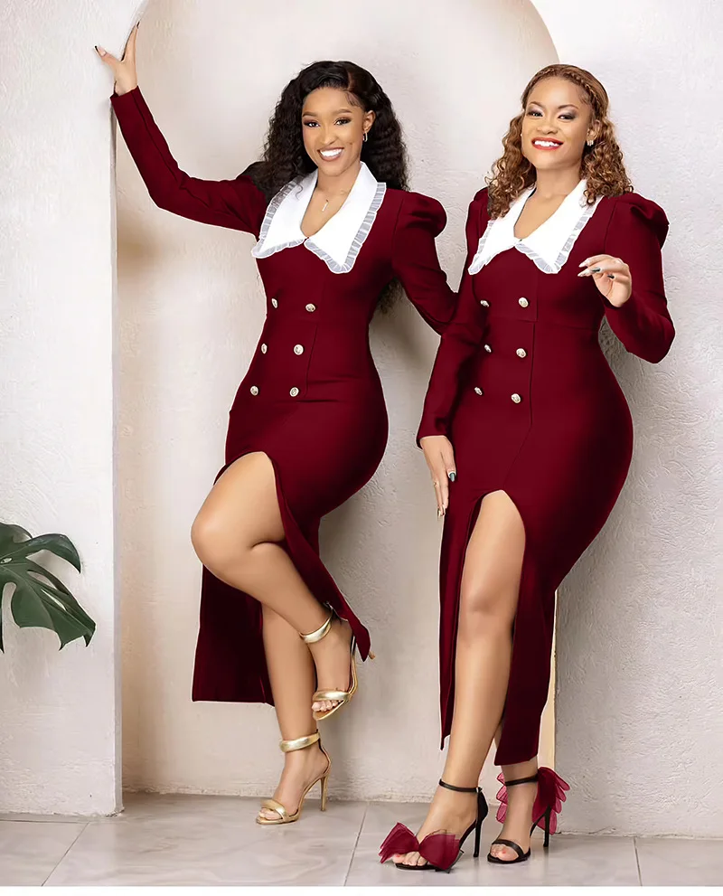 Африканские платья для женщин элегантный кукольный воротник двубортное платье