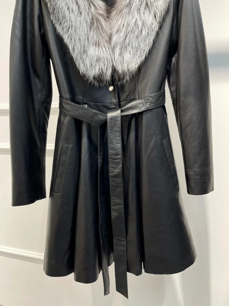 Black unisex Leather Jacket with Belt Warming Cool Style Ladies Clothes 2022 New Winter Autumn