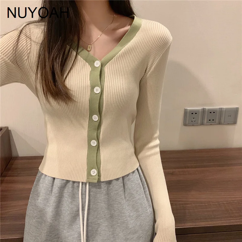

Real Shot Cost-effective Autumn New Contrast Color Small Cardigan V-neck Kio