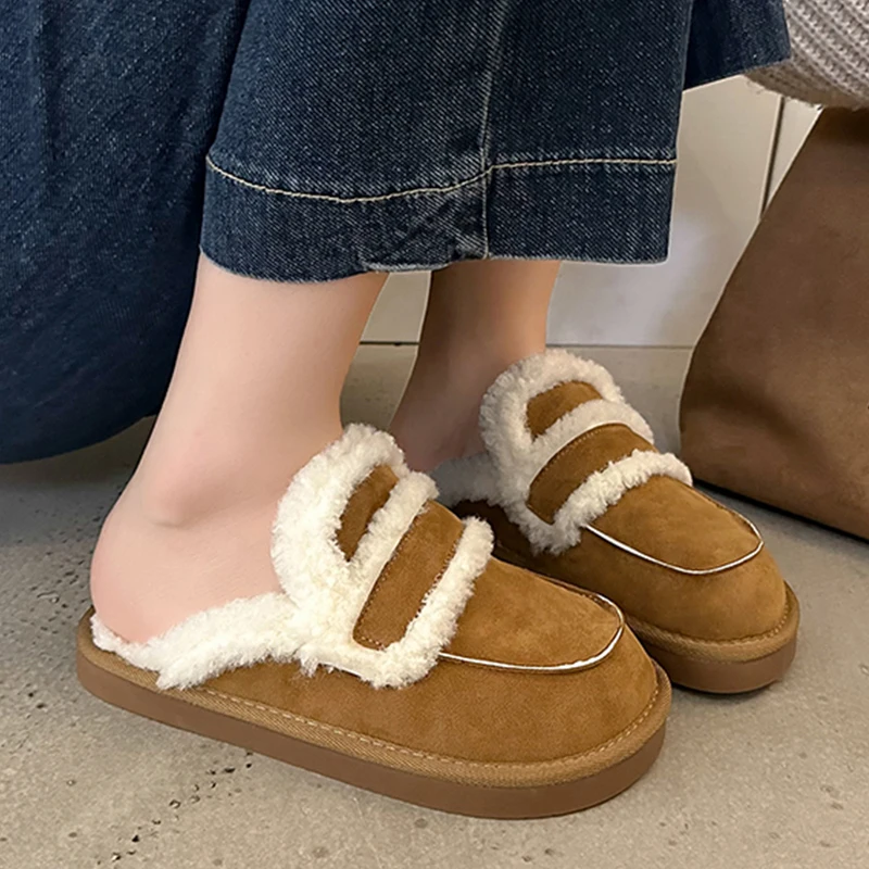 

Женские зимние замшевые шлепанцы на платформе, модные теплые плюшевые повседневные шлепанцы на плоской подошве, удобная женская обувь для прогулок, 2023