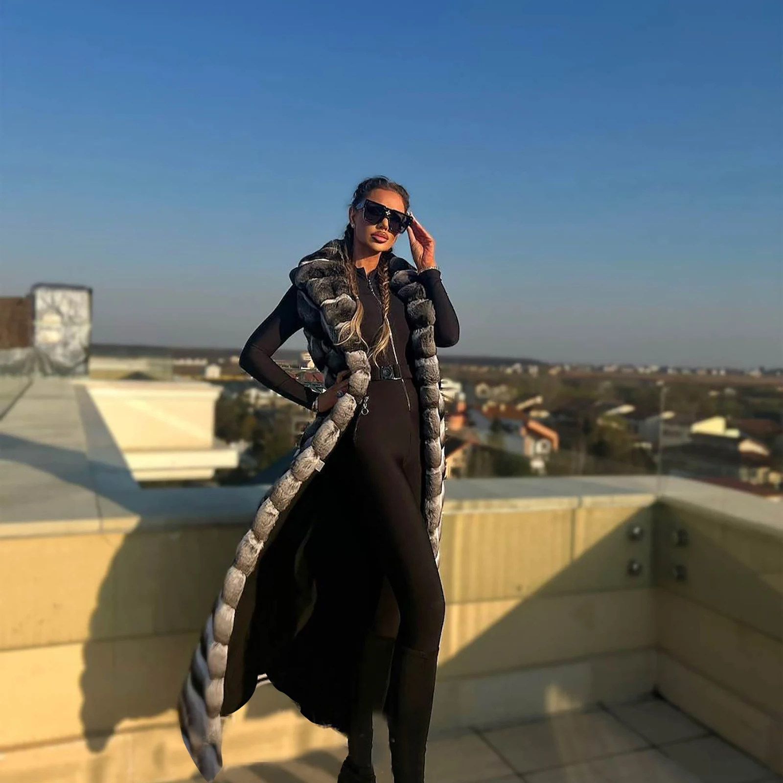 Женский зимний длинный жилет из натурального меха кролика рекс без рукавов с