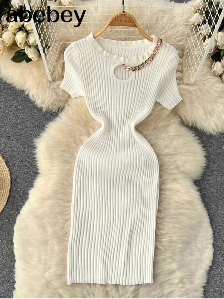 

White Casual Slim Chain Midi Knitted Women Summer New Elasticity Pullover O-neck Pencil Party Dress Elegant Bodycon