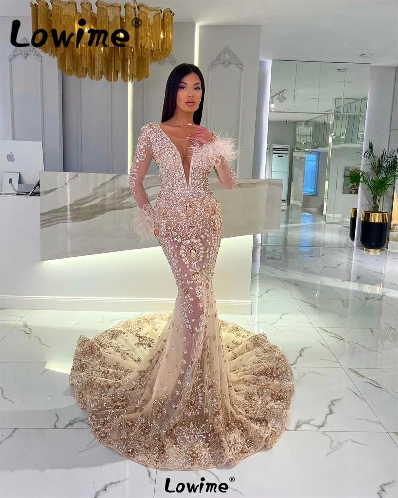 

Lowime Full Beaded Champagne Party Dress Long Round Train Prom Dresses 2024 Arabic Mermaid Crystals Pearl Feathers Evening Gowns