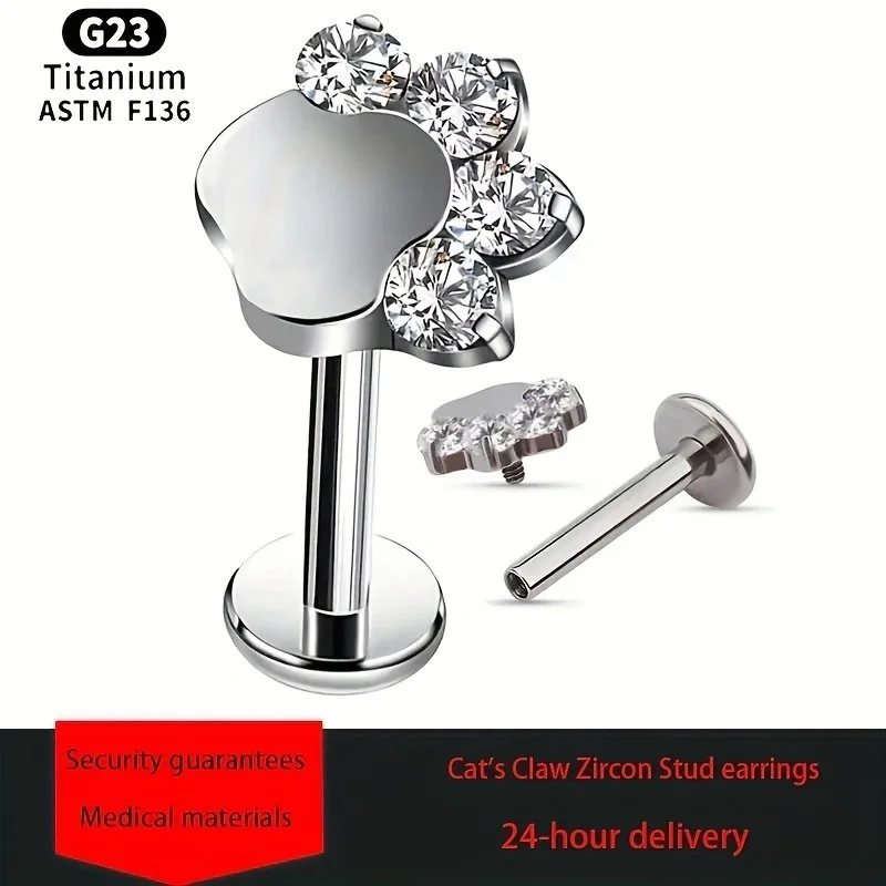 

1Pc G23 Titanium Internal Thread Labret Lip Stud Cat Paw Shape Zircon Top Ear Stud Cartilage Tragus Helix Piercing Body Jewelry