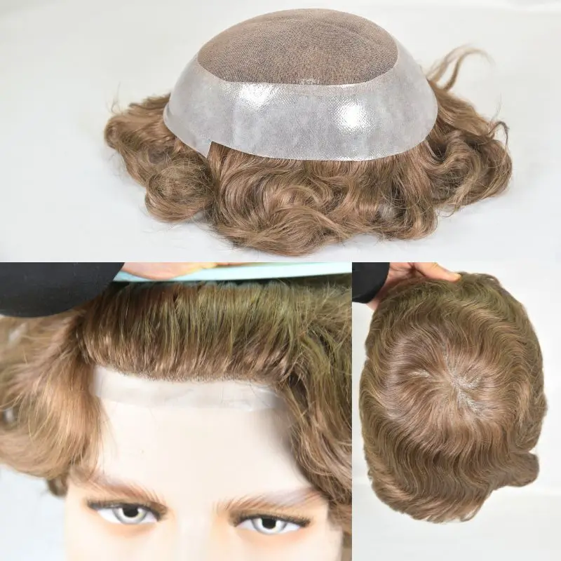 Pwigs Men's Toupee Durable PU Skin Base with Soft Swiss Lace Hairpiece 100% Human Hair for Men 7# Light Brown System