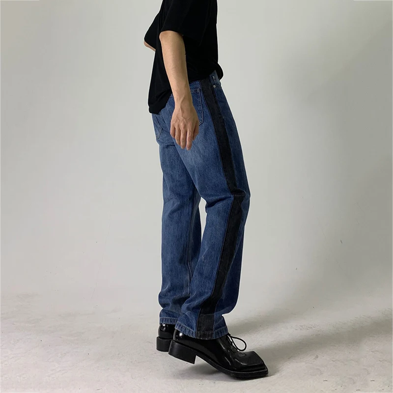 Jeans men's straight loose wide legs are thin and tall Korean version of retro trousers Hong Kong style contrast color Casual