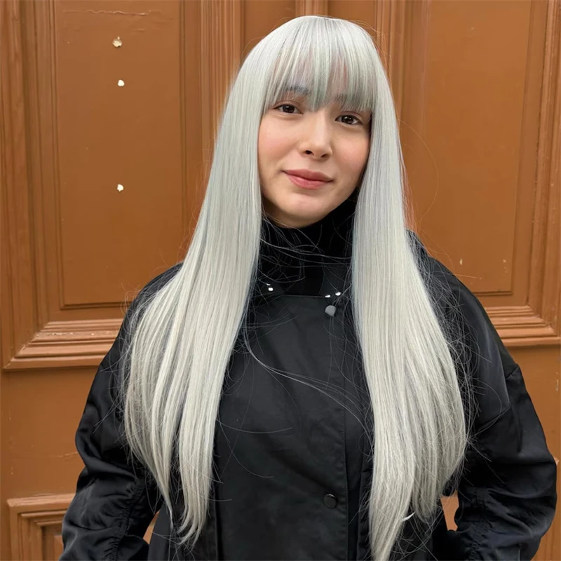 Silver Gray Wig with Bangs Ash Grey Cosplay Drag Queen Long Straight Wigs Synthetic Colorful