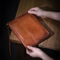 fashion retro desig natural real leather mens brown clutch bag daily outdoor mobile phone business card holder card storage bag