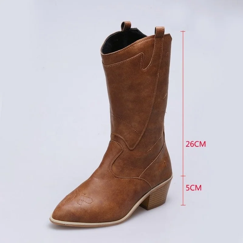 Women's Boots 2022 Autumn Winter New Large Size Pointed Toe Hand-embroidered Soft Leather Mid-tube Knight Leather Chelsea Boots