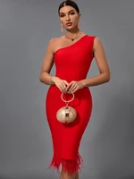 feather bandage dress 2022 new women red bandage dress elegant sexy one shoulder evening club party dress high quality summer