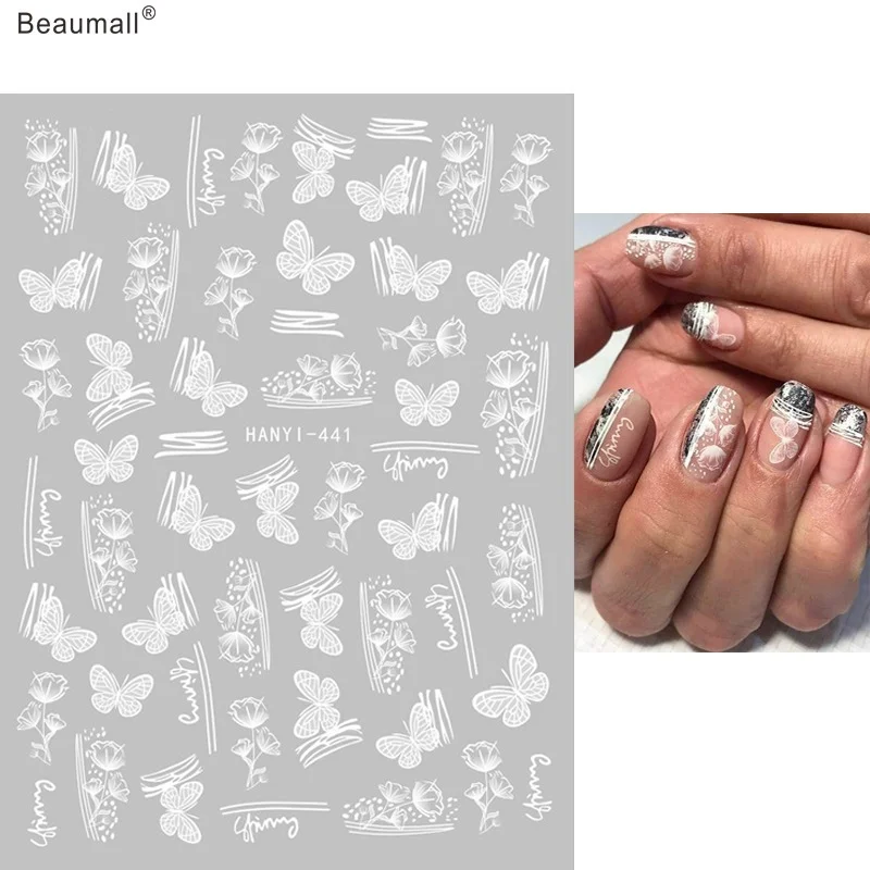 

Elegant White Floral Butterfly Nails Art Manicure Back Glue Decal Decorations Design Nail Sticker For Nails Tips Beauty