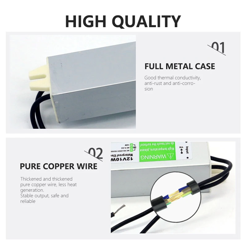 Lighting Transformer 90-250V AC to DC 12V 10W 0.83A LED Driver Adapter Aluminum IP67 Outdoor Waterproof Switching Power Supply |