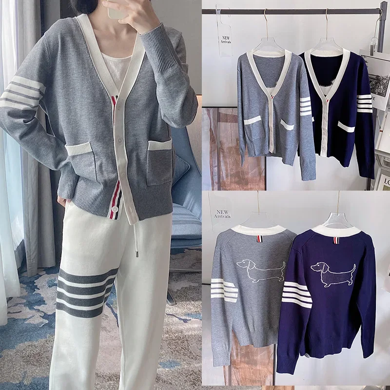 

High Quality Korean Fashion 2023 Trendy TB Dog Wool Knitted Cardigan Spring and Autumn Fashion V-neck Sweater Coat