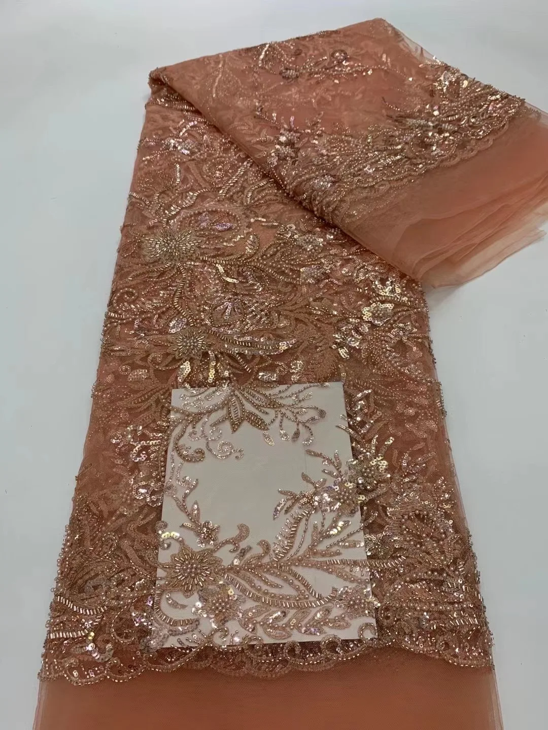 

2022 Latest Gorgeous African Handmade Beads Laces Fabrics Luxury Nigerian Sequins Mesh Lace Fabric For Party Dress HMX5248