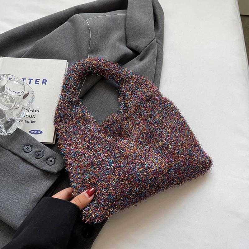 

Korean Casual Shiny Plush Bags For Women Luxury Designer Handbags Purses 2023 New In Polyester Versatile Slim Small Carry Wrist