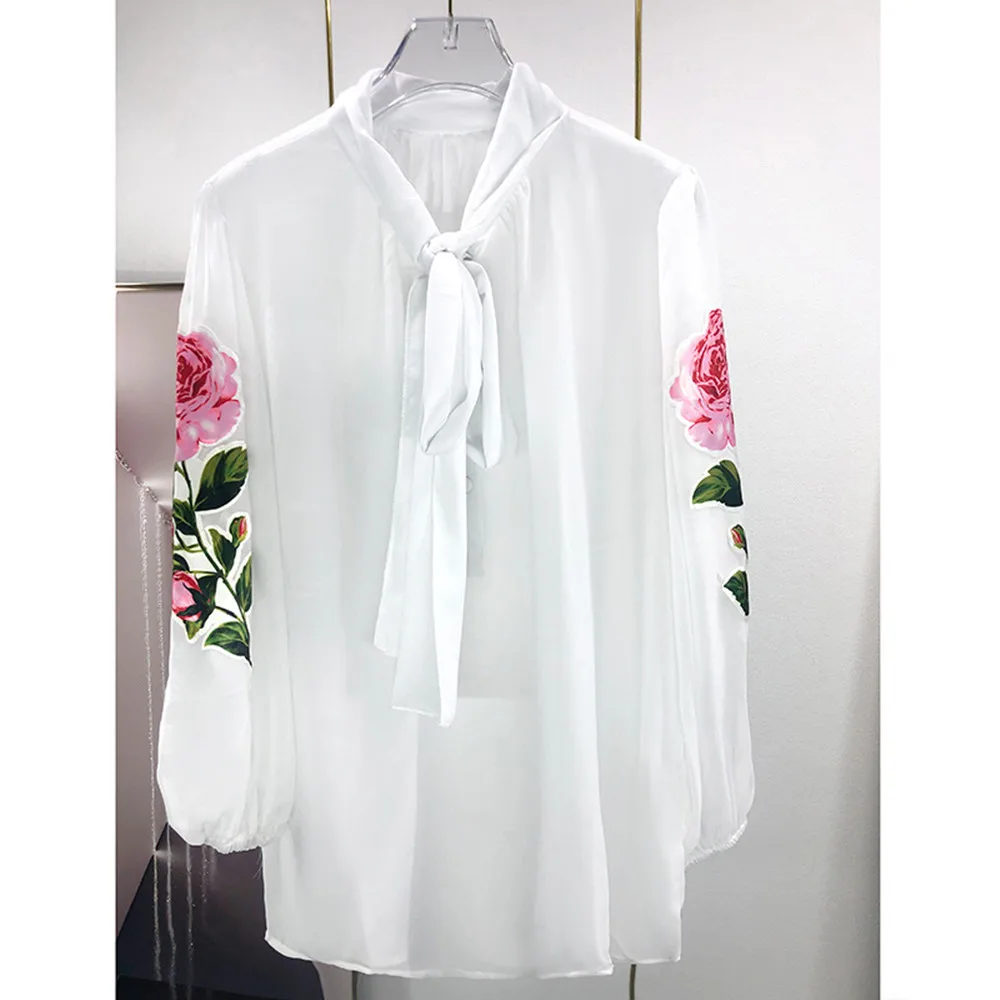 2022 Spring Summer France Style Women's Puff Sleeves Bowtie Floral Print White Shirts F118