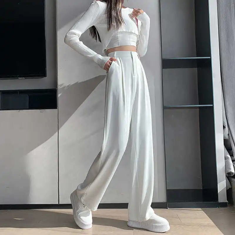 

Women Pants Elastic Waist Wide Leg Fashion Female White Spring Autumn Loose Casual High Waist Long Trousers Ladies Chic Pants