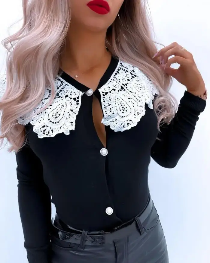 

Sweet Rib-knit Guipure Lace Patch Buttoned Long Sleeve Charming Black Elegant Knit Cardigan Women Spring and Autumn 2022