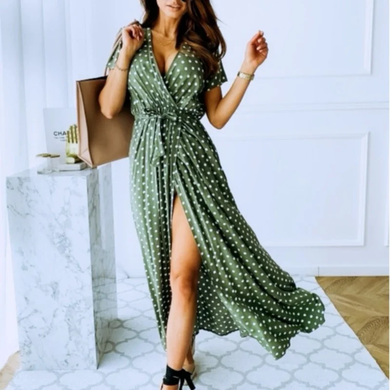 

Short Sleeve V-Neck Ladies Polka Dot Dresses 2021 Women Summer Fashion Split Maxi Dress New Boho Beach Holiday Dress for Female