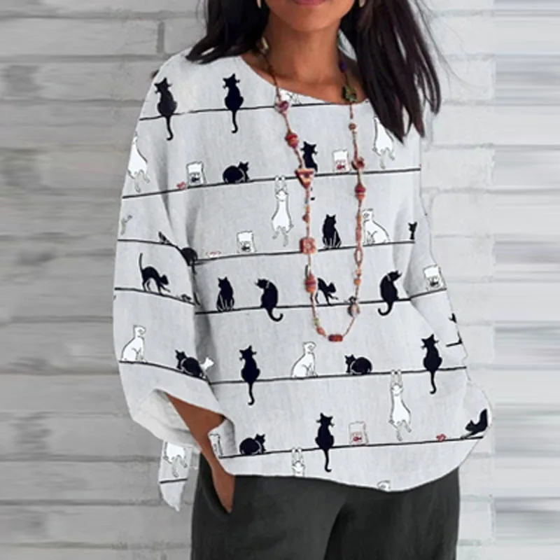 

Женская Осенняя свободная футболка, уличная мода, простой пуловер с круглым вырезом, женская модная блузка с принтом мультяшного кота