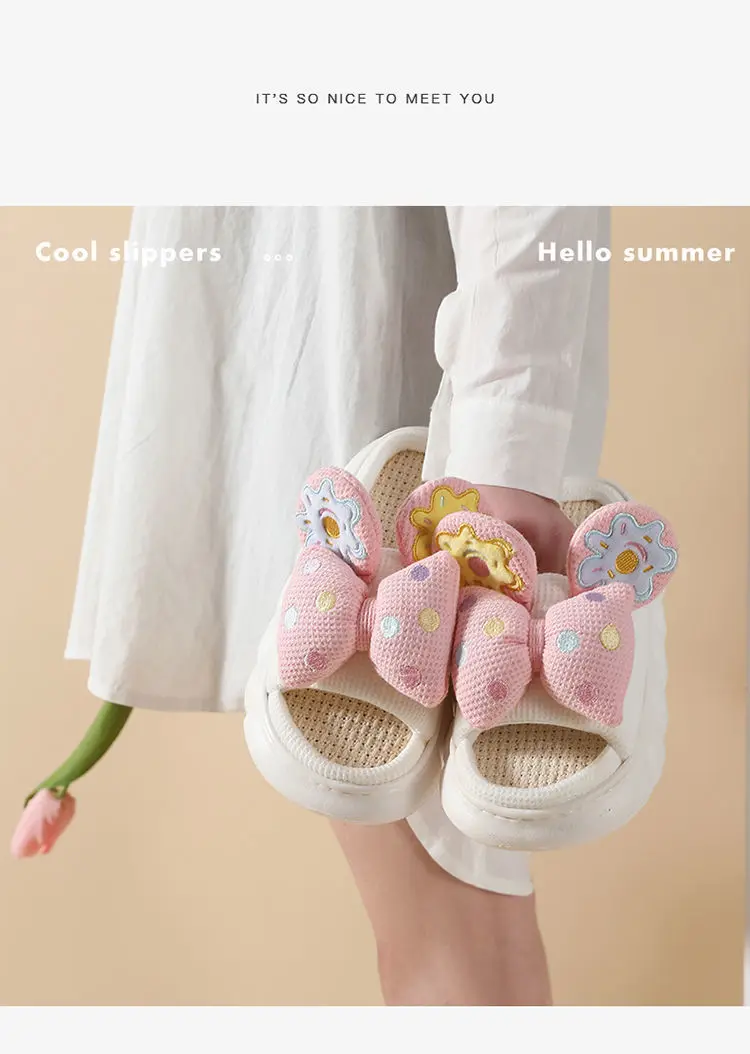 2022 New Linen Slippers Cute Girl Heart Home Slippers Ladies Non-slip Thick Bottom Four Seasons Ndoor Home Slippers Comfy Shoes