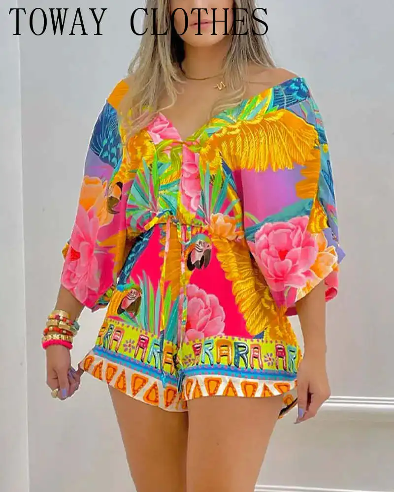 

Женские пикантные Комбинезоны на шнуровке с цветочным принтом и короткими рукавами «летучая мышь»