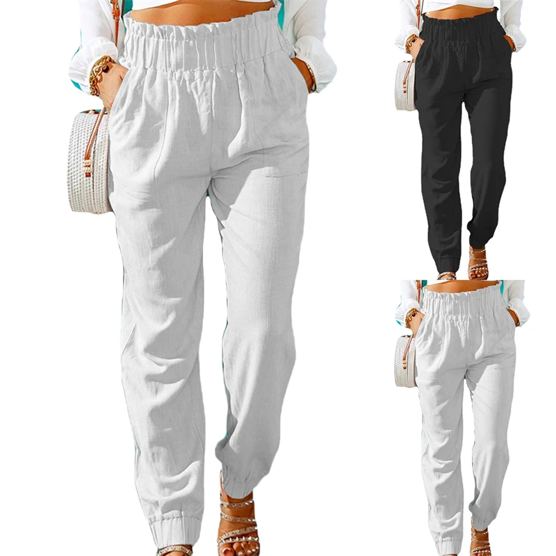 

2022 Autumn Women's Wide Leg Pants Loose High Waist Casual Trousers Women Korean Solid Ruffle Stretch Straight Pants