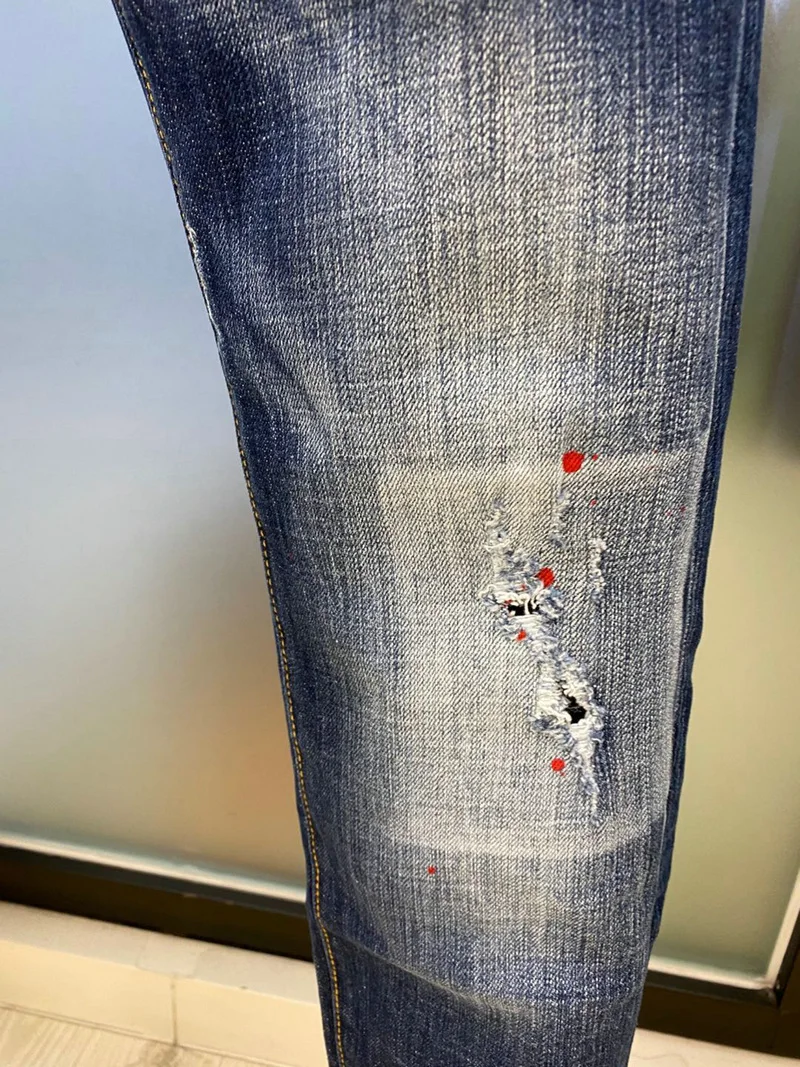 European New Dsquared2 Brand Jeans Men Slim Jeans Pants Men's Denim Trousers Blue hole Pencil Pants jeans for Men 9802