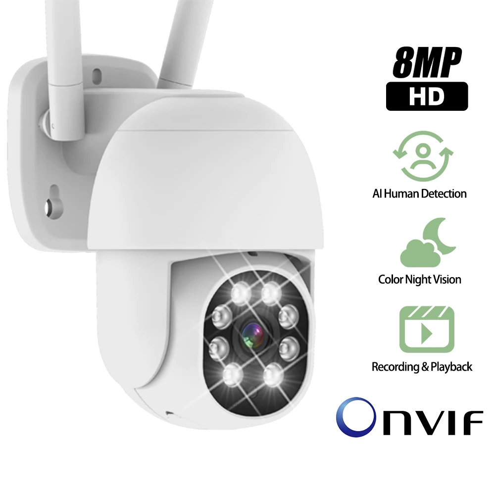 5MP ONVIF WiFi PTZ Camera Outdoor Wireless Video Surveillance 8MP IP Security Camera AI Detection Color Night Vision Alarm Cam