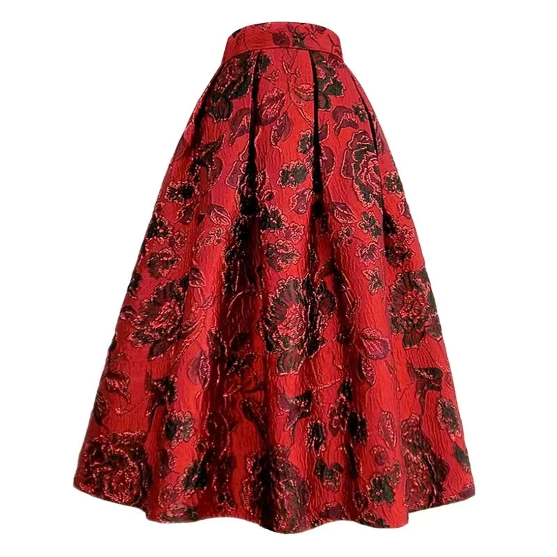 Женская винтажная длинная юбка в стиле Хепберн красная плиссированная с высокой