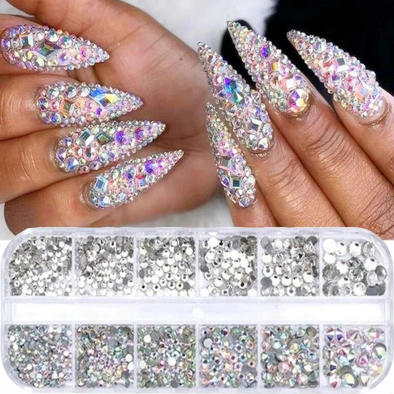 

12 Girds/Box 3D Gems AB Crystal Manicure Glitter Sliver Diamond Nail Rhinestones Mixed Size DIY Art Flatback Nail Decorations