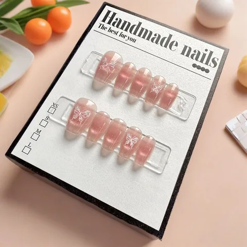 10 шт. Женские накладные ногти "кошачий глаз", розовые бабочки