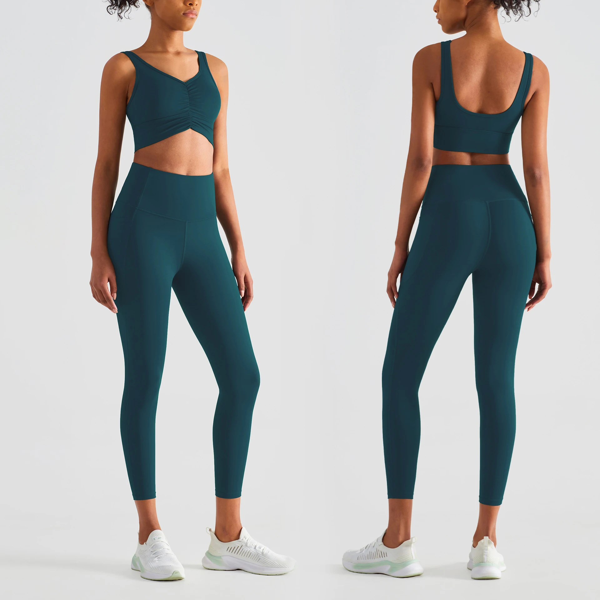 

2022 Luxury New Arrival Yoga Sports Set Plicated High Support Bra With Middle Waist Leggings Side Pocket Fitness Women Clothings