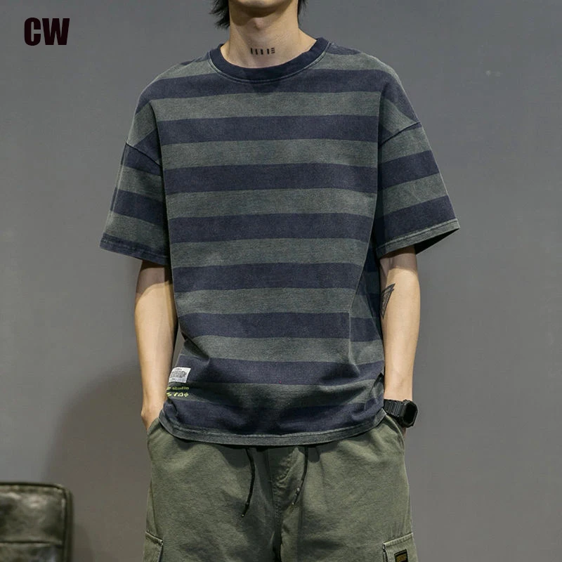 

Summer Casual High Quality 100% Cotton Tee Fashion Slim Harajuku Contrast Stripes Clothing Vintage Style All-match Pullover Top