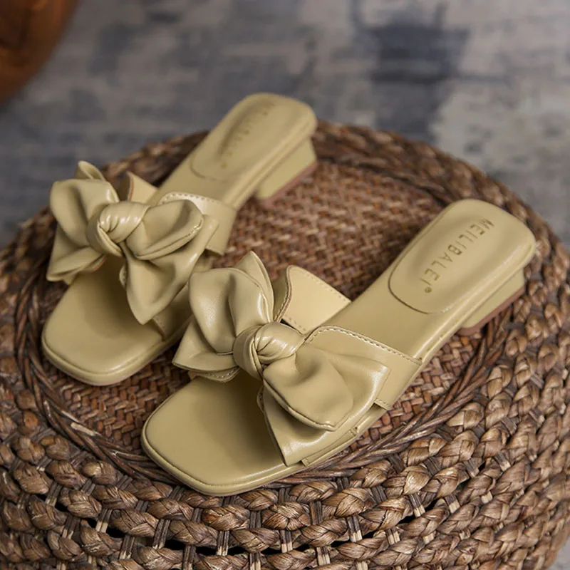 

Summer Women Chunky Square Toe Slippers Bow Slingback Sandals 2022 New Designer Ladies Heels Shoes Sexy Slides Party Flip Flops