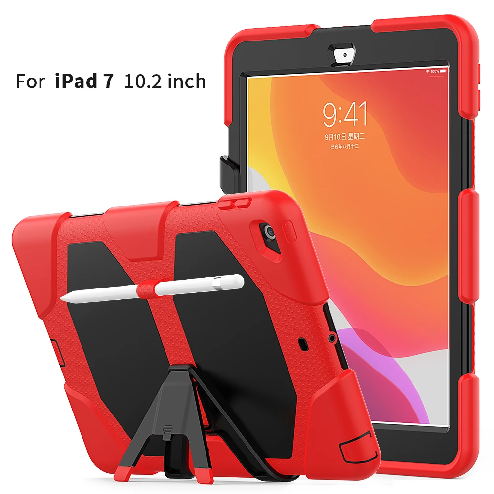 

Case for Apple Ipad 7th Generation Cover Silicone 3-layer Heavy Duty Movable Kickstand with Pencil Holder for Ipad 10.2 inch