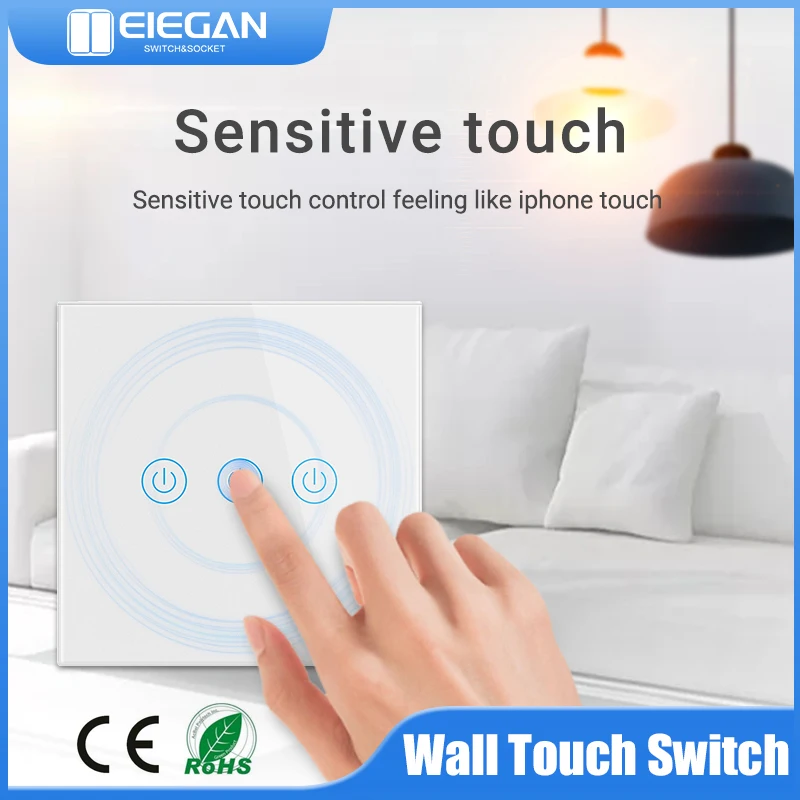 

Waterproof Wall Touch Switch 240V EU UK National Standard Tempered Crystal Glass Panel Power 1/2/3 Gang Light Sensor Switches