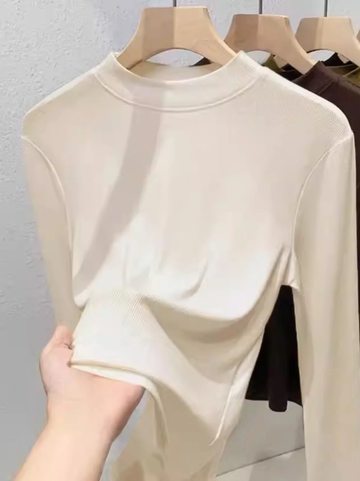 White Half-high Collar Bottoming Shirt Women Early Autumn Small Wear Thread Stand Slim fit Inner wear round Neck Long ...
