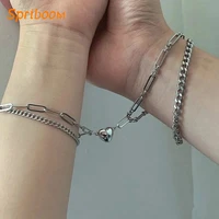 2pcs heart shaped magnet couple bracelets punk magnetic love pendant wrist cuban chain bracelet 2 layed armband lover jewelry