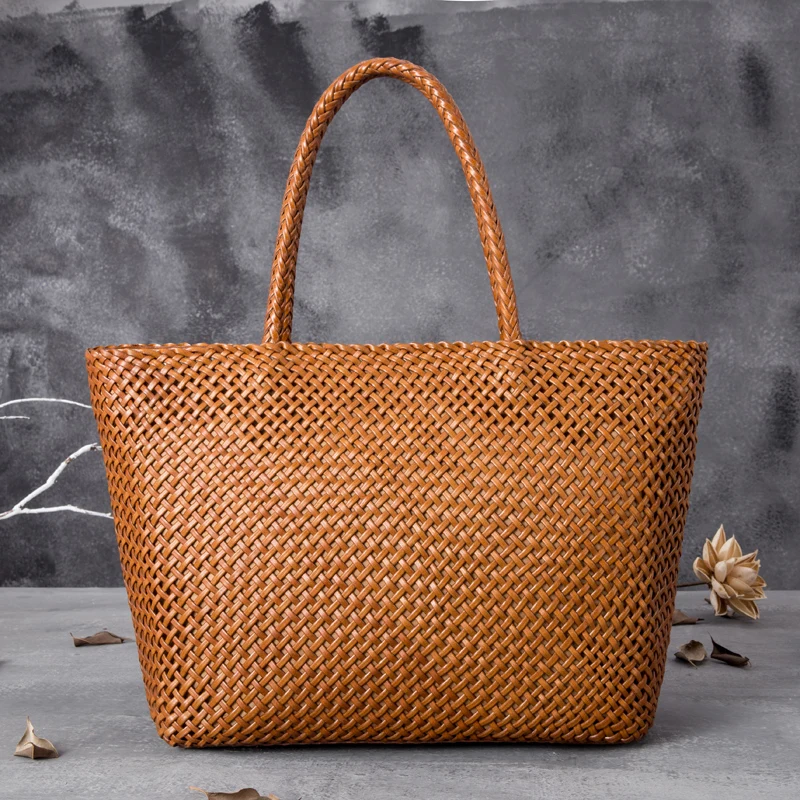 Women Real Leather Handbag Romantic Handmade Woven Totes Female Cowhide Brown Coffee Black Big Holiday Bag Causal Soft Handbags