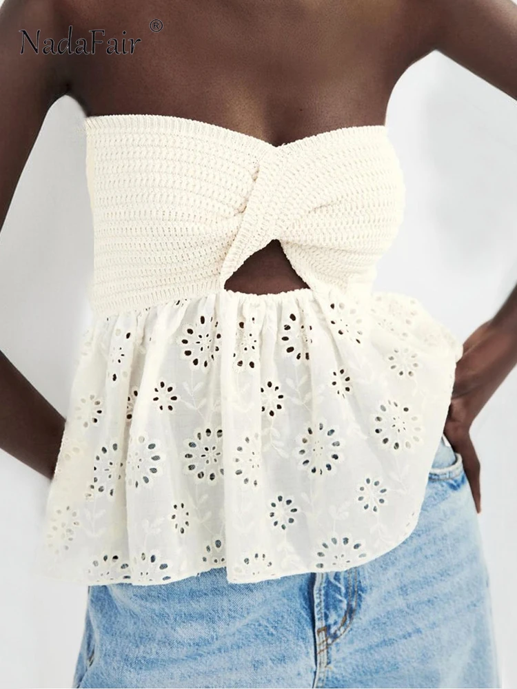 

Nadafair Summer Strapless Knitted Embroidery Eyelets Hollow Out Backless White Sexy Women Tube Top Fashion Y2K Casual Tops 2022