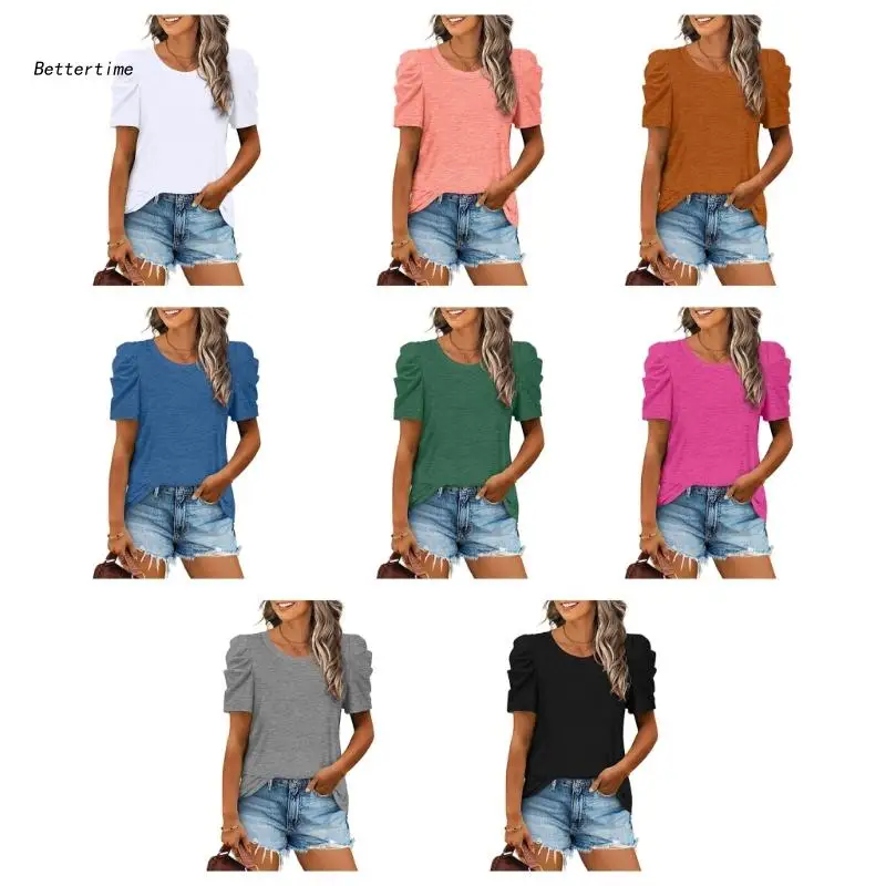 

B36D Tanks T-shirts Woman Petal Sleeve Tops Crew Neck Puff Sleeve Woman Summer Tops