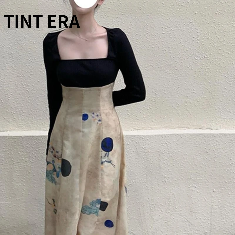 

TINT ERA Long Sleeved Knitted Dress Elegant Chinese Korean Fashion Style New Autumn Winter Print Dress Women Y2K 2022 Femme