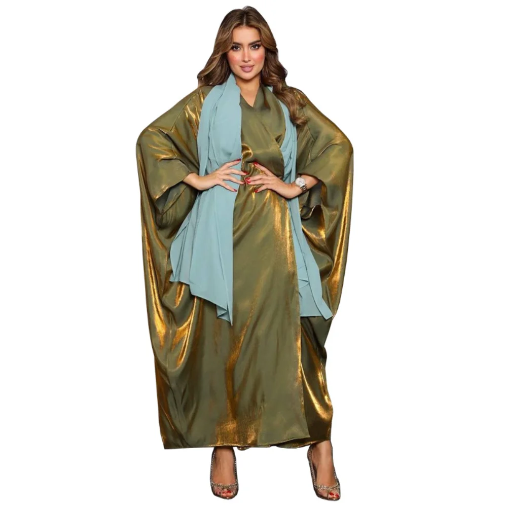 Middle East Modest Muslim Coat Fashion Bright Silk Satin Solid Bat Sleeve Robe Large Size Robes Streetwear Open Abaya Kimono