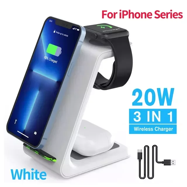 

2022 New Arrival 20W Wireless Charging Stand 3 in 1 Wireless Chargers Dock for Apple Watch 6 SE 5 4 3 2, Airpods 2/Pro, iPhone 1